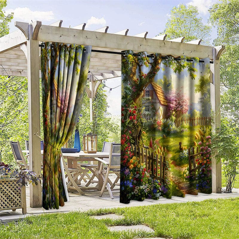 Aperturee - Aperturee Garden Wonderland Waterproof Printed Outdoor Curtains