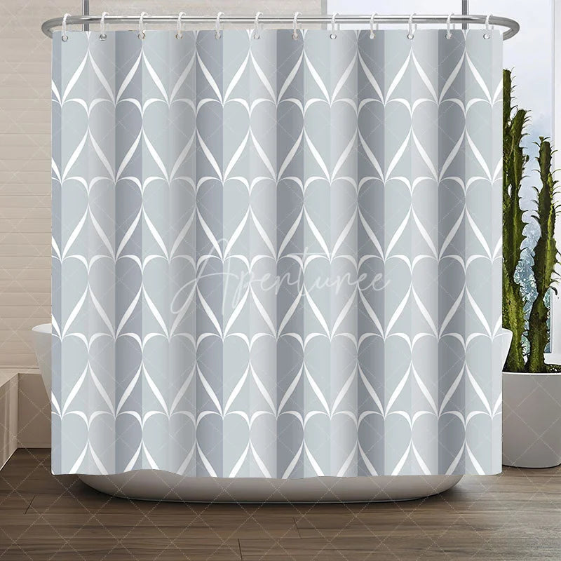 Aperturee - Aperturee Geometric Heart Pattern Shower Curtain Abstract Light Blue Grey Design Modern Minimalist Bathroom Decor