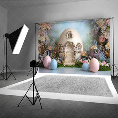 Aperturee - Aperturee Giant Egg House Easter Photography Backdrop Pastel Eggs and Spring Floral Garden Studio Background