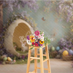 Aperturee - Aperturee Giant Eggshell White Bunny Easter Photography Backdrop Purple Floral and Butterflies Studio Background