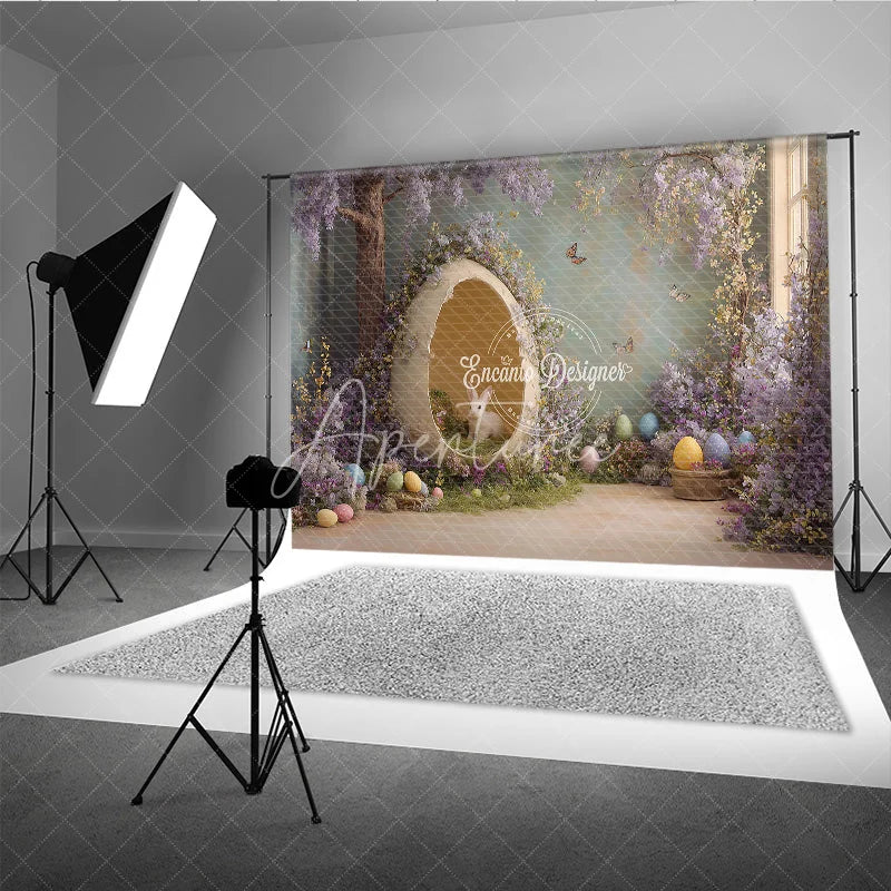 Aperturee - Aperturee Giant Eggshell White Bunny Easter Photography Backdrop Purple Floral and Butterflies Studio Background