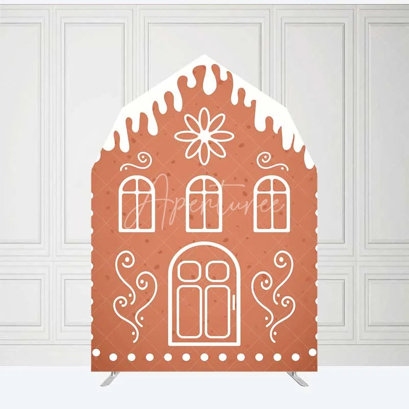Aperturee - Aperturee Gingerbread House Barn Door Arch Backdrop Christmas Candy Themed Party Decor Holiday Photography Background