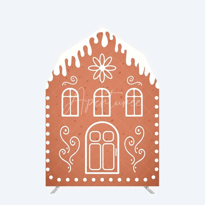 Aperturee - Aperturee Gingerbread House Barn Door Arch Backdrop Christmas Candy Themed Party Decor Holiday Photography Background