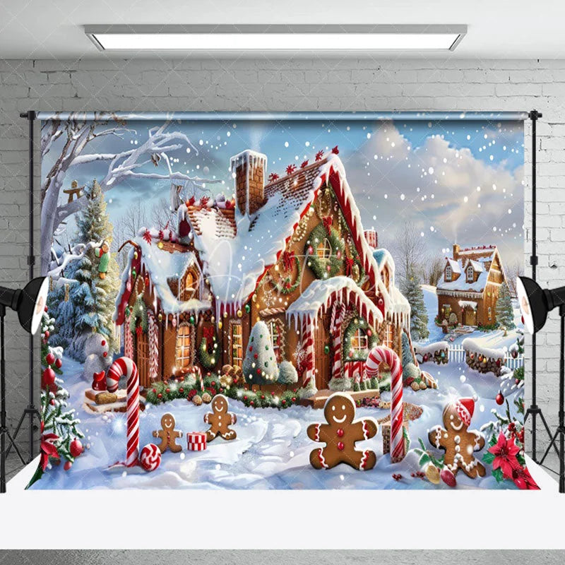 Aperturee - Aperturee Gingerbread House Candy Cane Snow Christmas Backdrop