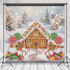 Aperturee - Aperturee Gingerbread House Christmas Backdrop Candy Land Winter Snow Background Sweet Lollipops Holiday Party Decoration