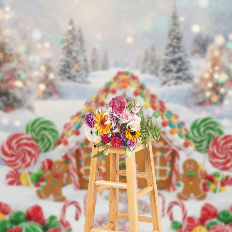 Aperturee - Aperturee Gingerbread House Christmas Backdrop Candy Land Winter Snow Background Sweet Lollipops Holiday Party Decoration