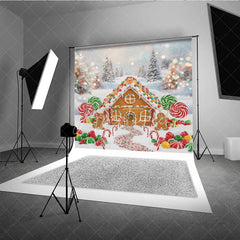 Aperturee - Aperturee Gingerbread House Christmas Backdrop Candy Land Winter Snow Background Sweet Lollipops Holiday Party Decoration