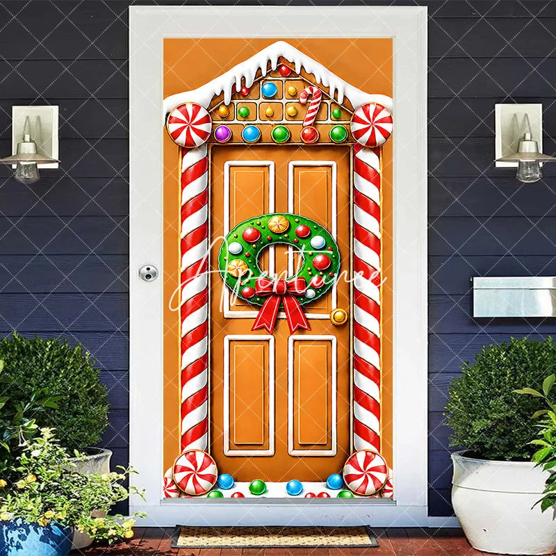 Aperturee - Aperturee Gingerbread House Christmas Door Cover with Holiday Wreath and Candy Canes Festive Winter Party Decoration