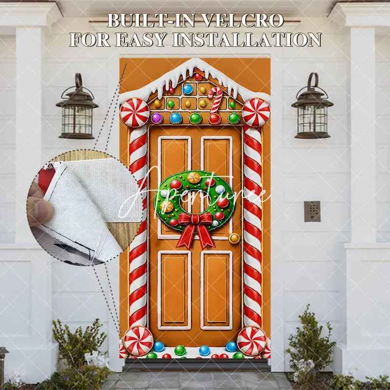 Aperturee - Aperturee Gingerbread House Christmas Door Cover with Holiday Wreath and Candy Canes Festive Winter Party Decoration