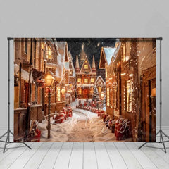 Aperturee - Aperturee Gingerbread Village Backdrop Christmas Candy House Snowy Street Fantasy Town Photo Background