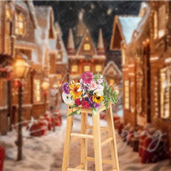 Aperturee - Aperturee Gingerbread Village Backdrop Christmas Candy House Snowy Street Fantasy Town Photo Background