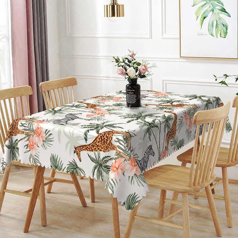 Aperturee - Aperturee Giraffe and Zebra Safari Rectangle Tablecloth Tropical Palm Trees and Peach Flowers Table Cover Jungle Decor