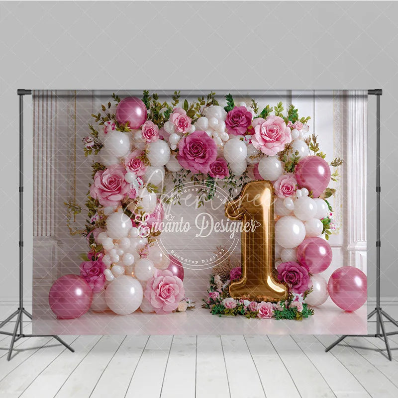Aperturee - Aperturee Girl First Birthday Balloon Arch Backdrop Pink Rose and Golden Number 1 Photography Background