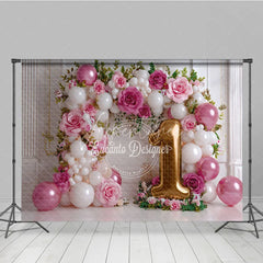 Aperturee - Aperturee Girl First Birthday Balloon Arch Backdrop Pink Rose and Golden Number 1 Photography Background