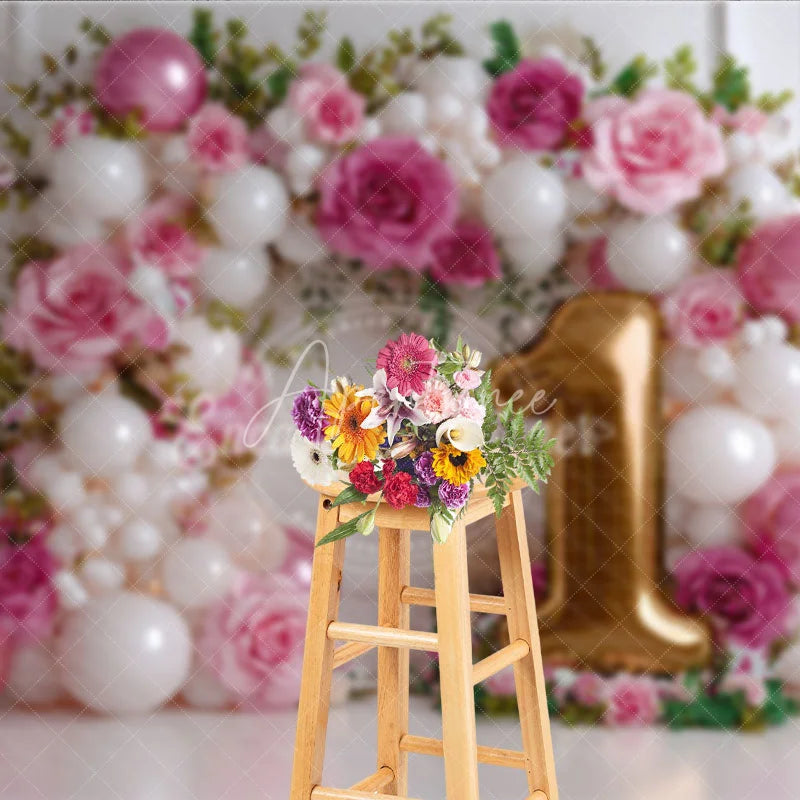 Aperturee - Aperturee Girl First Birthday Balloon Arch Backdrop Pink Rose and Golden Number 1 Photography Background