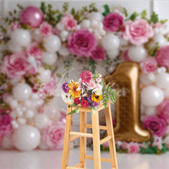 Aperturee - Aperturee Girl First Birthday Balloon Arch Backdrop Pink Rose and Golden Number 1 Photography Background