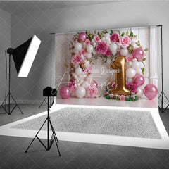 Aperturee - Aperturee Girl First Birthday Balloon Arch Backdrop Pink Rose and Golden Number 1 Photography Background