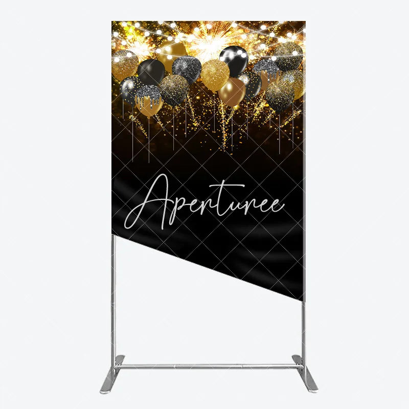 Aperturee - Aperturee Glamorous Black Gold Silver Glitter Balloons Fireworks Rectangle Arch Backdrop Elegant Birthday Party Decoration