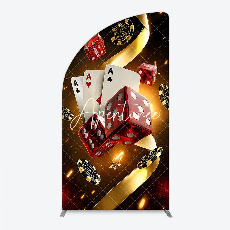 Aperturee - Aperturee Glamorous Casino Game Night Half Moon Arch Backdrop featuring Playing Cards Dice and Golden Chips