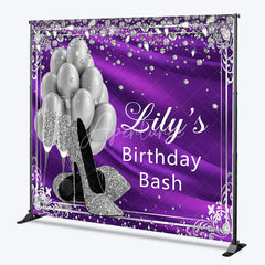 Aperturee - Aperturee Glamorous Purple and Silver Glitter Custom Backdrop featuring High Heels Balloons and Champagne for Birthday Bash