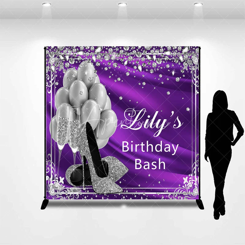 Aperturee - Aperturee Glamorous Purple and Silver Glitter Custom Backdrop featuring High Heels Balloons and Champagne for Birthday Bash
