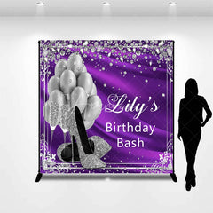Aperturee - Aperturee Glamorous Purple and Silver Glitter Custom Backdrop featuring High Heels Balloons and Champagne for Birthday Bash