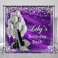 Aperturee - Aperturee Glamorous Purple and Silver Glitter Custom Backdrop featuring High Heels Balloons and Champagne for Birthday Bash