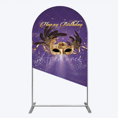 Aperturee - Aperturee Glamorous Purple Happy Birthday Arch Backdrop with Gold Masquerade Mask Elegant Feather Party Decor