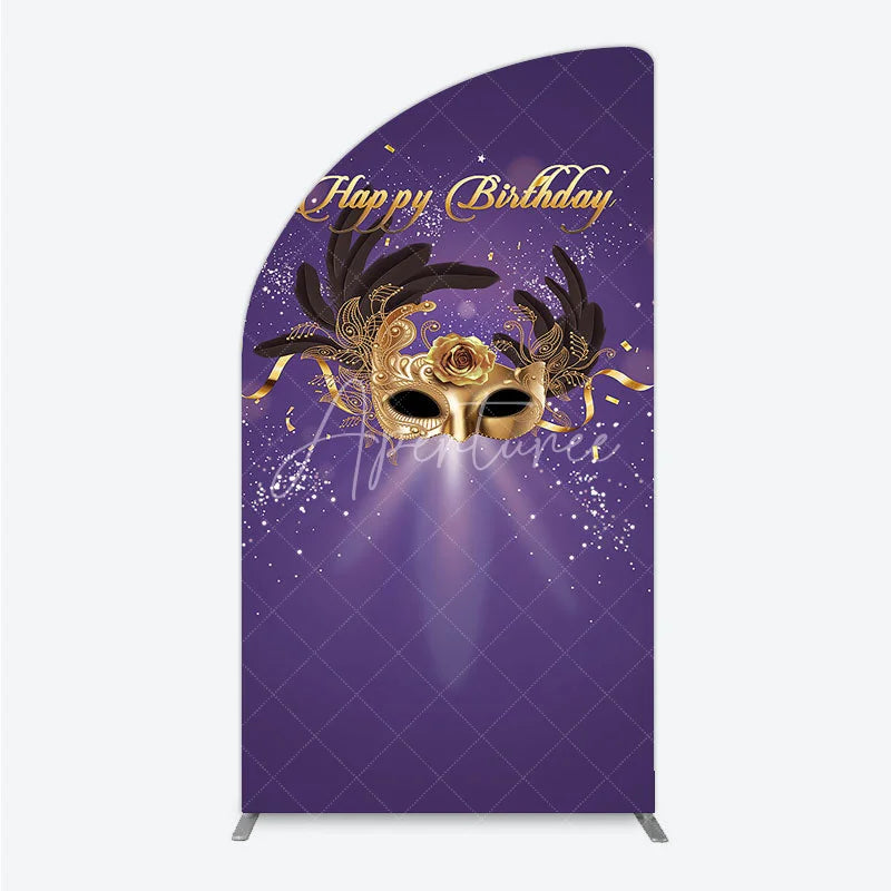 Aperturee - Aperturee Glamorous Purple Happy Birthday Half Moon Arch Backdrop with Gold Masquerade Mask Elegant Feather Party Decor