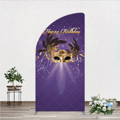 Aperturee - Aperturee Glamorous Purple Happy Birthday Half Moon Arch Backdrop with Gold Masquerade Mask Elegant Feather Party Decor