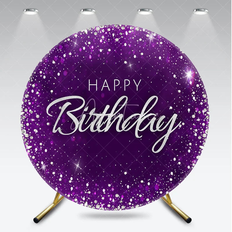 Aperturee - Aperturee Glamorous Purple Silver Glitter Diamond Happy Birthday Round Backdrop Elegant Celebration Party Decor