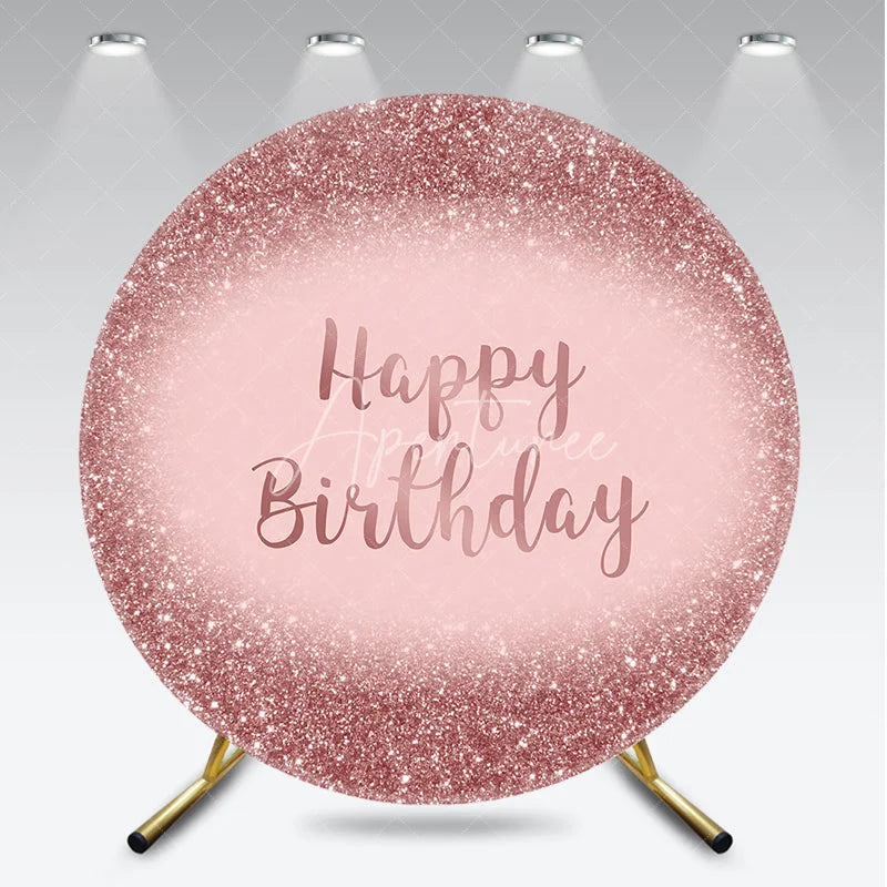 Aperturee - Aperturee Glamorous Shimmering Rose Gold Glitter Happy Birthday Round Backdrop Elegant Celebration Party Decor