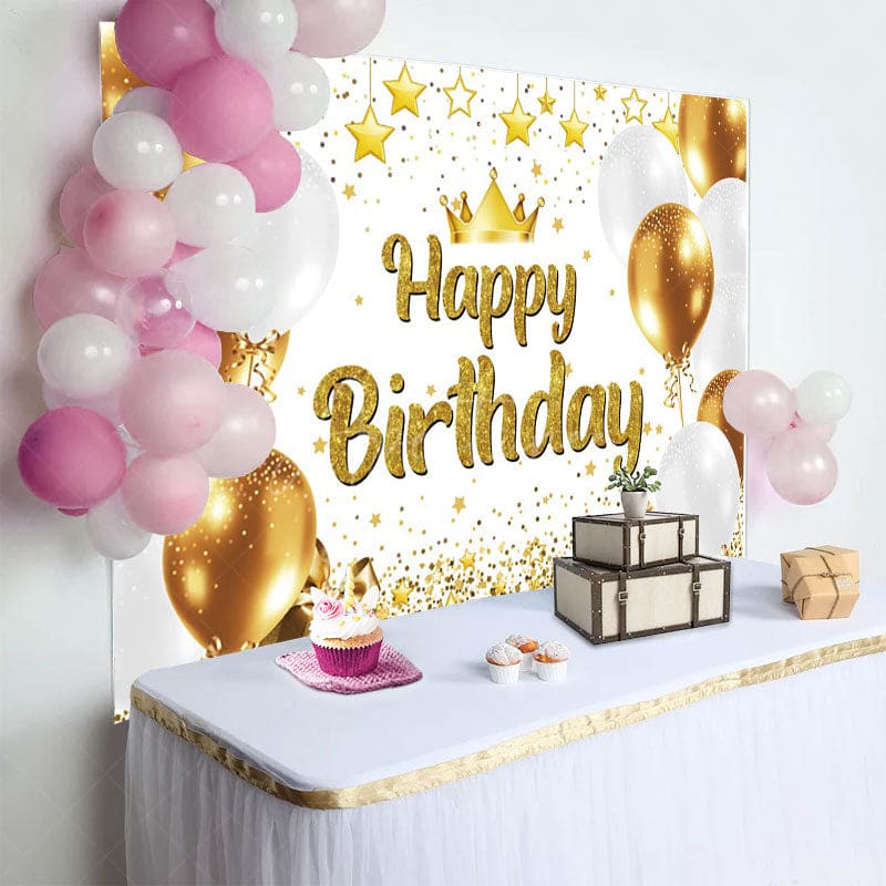 Aperturee - Aperturee Glitter Balloon Crown Star Happy Birthday Backdrop