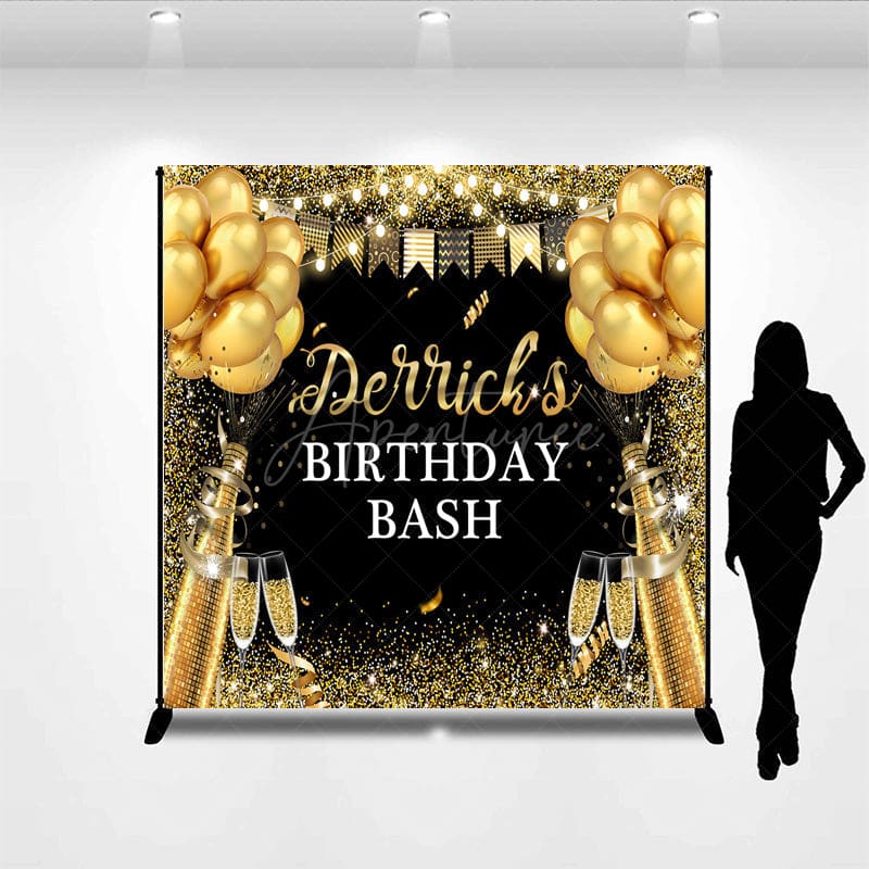 Aperturee - Aperturee Glitter Black Gold Flags Custom Birthday Backdrop