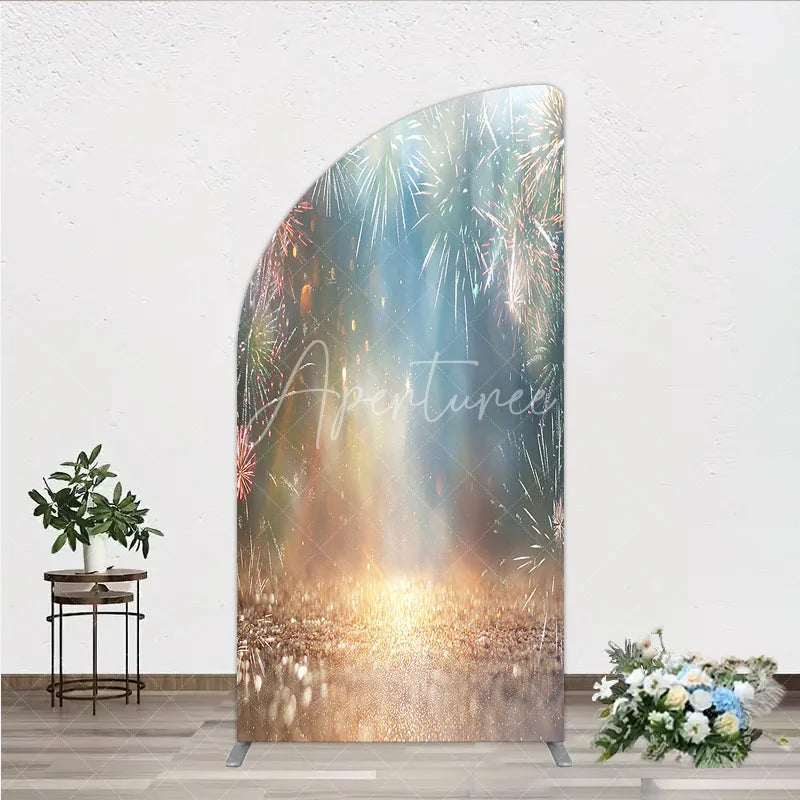 Aperturee - Aperturee Glitter Bokeh Blue Gold Celebration Half Moon Arch Backdrop Sparkling Festive New Year Party Decor