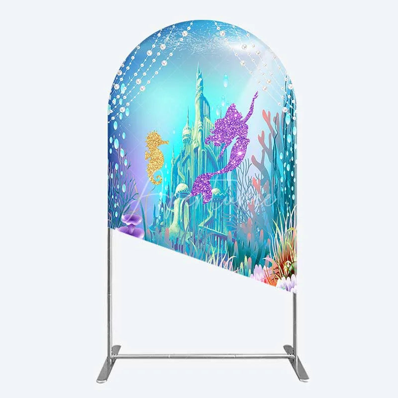 Aperturee - Aperturee Glitter Mermaid and Underwater Castle Arch Backdrop Sea Shells and Treasure Party Decoration
