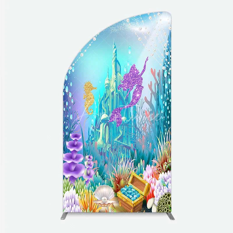 Aperturee - Aperturee Glitter Mermaid and Underwater Castle Half Moon Arch Backdrop Sea Shells and Treasure Party Decoration