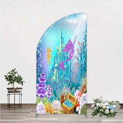 Aperturee - Aperturee Glitter Mermaid and Underwater Castle Half Moon Arch Backdrop Sea Shells and Treasure Party Decoration
