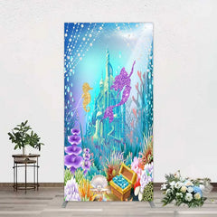 Aperturee - Aperturee Glitter Mermaid and Underwater Castle Rectangle Backdrop Sea Shells and Treasure Party Decoration