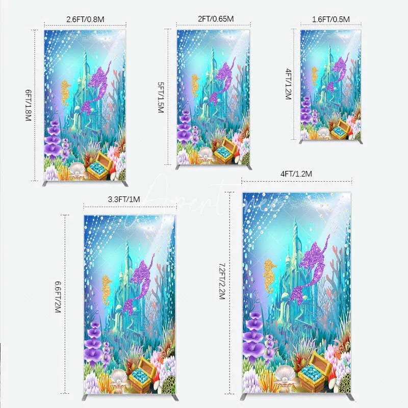 Aperturee - Aperturee Glitter Mermaid and Underwater Castle Rectangle Backdrop Sea Shells and Treasure Party Decoration