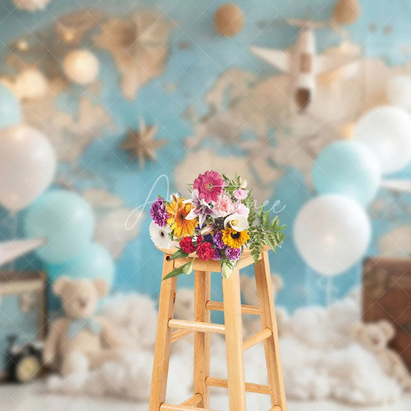 Aperturee - Aperturee Globe Map Luggage Bear Balloon Cake Smash Backdrop