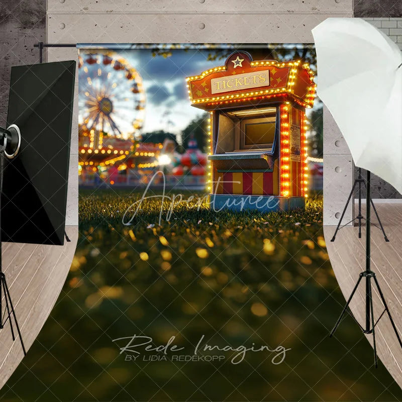 Aperturee - Aperturee Glowing Carnival Ticket Booth Cake Smash Backdrop Night Ferris Wheel Grass Sweep Portrait Studio Background