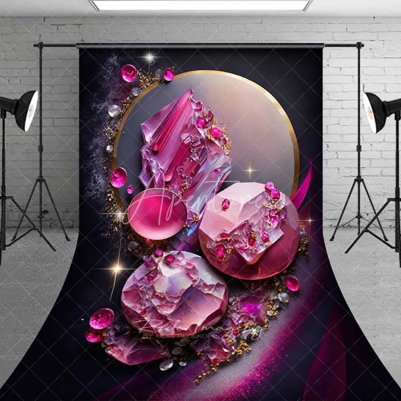 Aperturee - Aperturee Glowing Pink Crystal and Gold Circle Backdrop Luxury Magenta Gemstone Abstract Photography Background