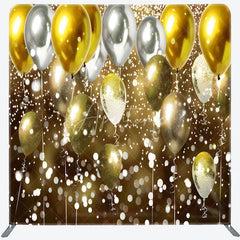 Aperturee - Aperturee Gold and Silver Balloons Double-Sided Tension Fabric Backdrop Bokeh Lights for Birthday New Year’s Eve Party