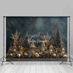 Aperturee - Aperturee Gold Christmas Village Backdrop Lantern House Bottle Brush Tree Photography Background