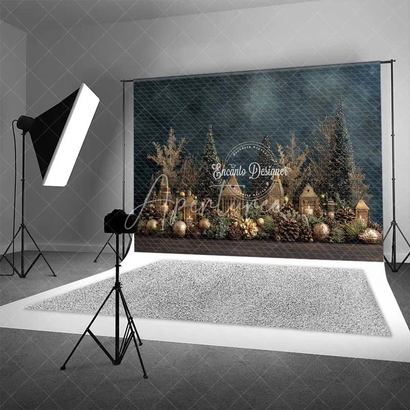 Aperturee - Aperturee Gold Christmas Village Backdrop Lantern House Bottle Brush Tree Photography Background