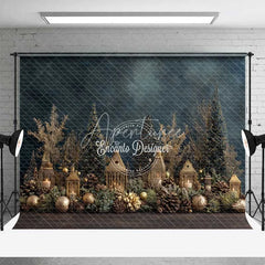 Aperturee - Aperturee Gold Christmas Village Backdrop Lantern House Bottle Brush Tree Photography Background