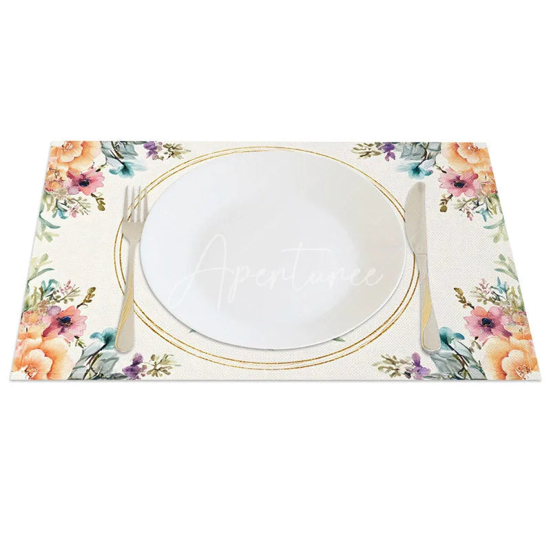 Aperturee - Aperturee Gold Circle Easter Bunny Set of 4 Placemats Orange Pink Floral Rabbit Table Mats for Spring