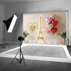 Aperturee - Aperturee Gold Eiffel Tower Valentine Day Backdrop Wire Heart LOVE Letters Balloons Background Romantic Paris Photography