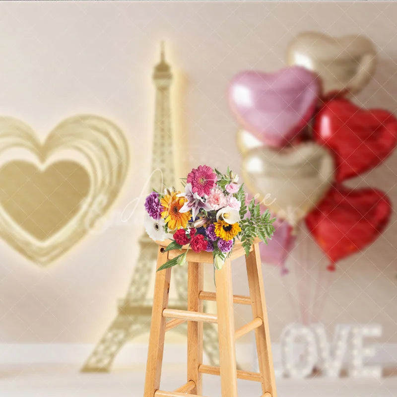 Aperturee - Aperturee Gold Eiffel Tower Valentine Day Backdrop Wire Heart LOVE Letters Balloons Background Romantic Paris Photography